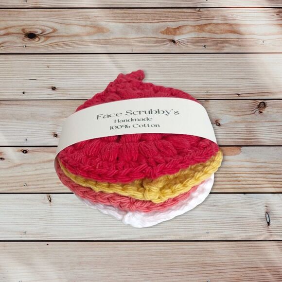 Hand Crafted Crochet Puff Face Scrubby’s 4 Pack Hook Handle Red white pink gold - Picture 12 of 16